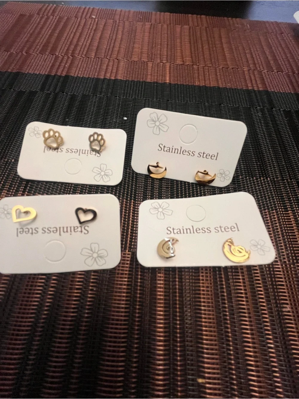 Gold-tone Stainless Steel Charm Stud Earring 4 Set - Hearts, Paws, Ducks